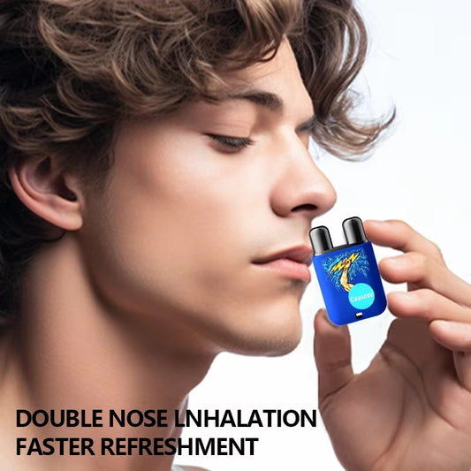 Man holding dual port nasal inhaler close to nostrils for quicker refreshing effect