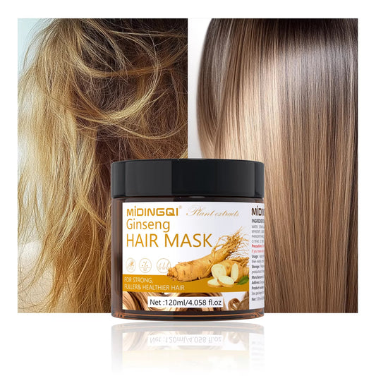 Ginseng hair mask showing frizzy hair before and glossy smooth hair after use