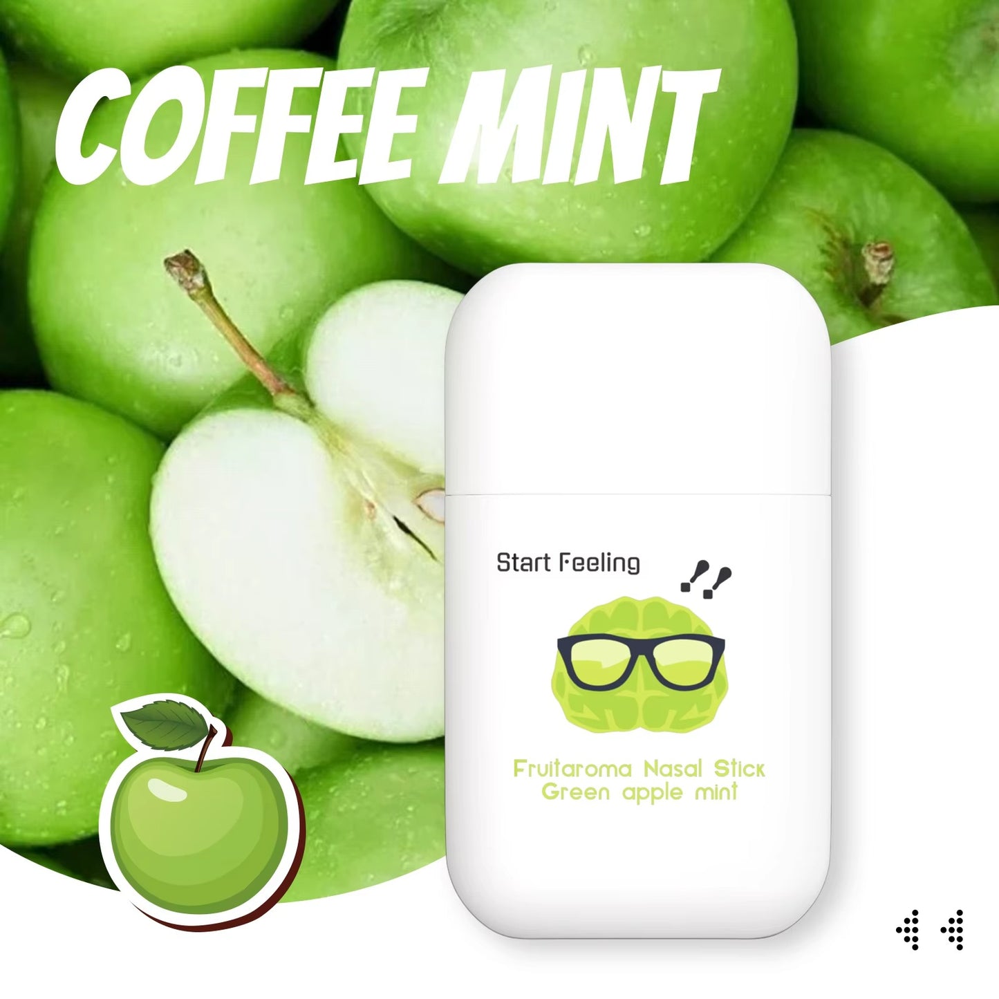 Green apple mint aromatherapy nasal inhaler set among whole and cut green apples