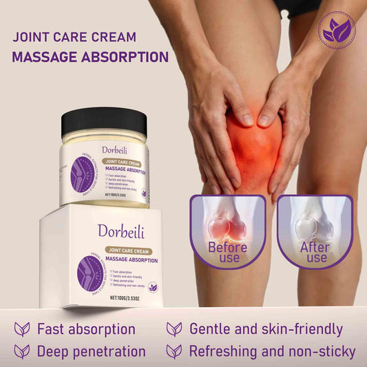 joint care cream packaging with knee discomfort before and after usage effect comparison.