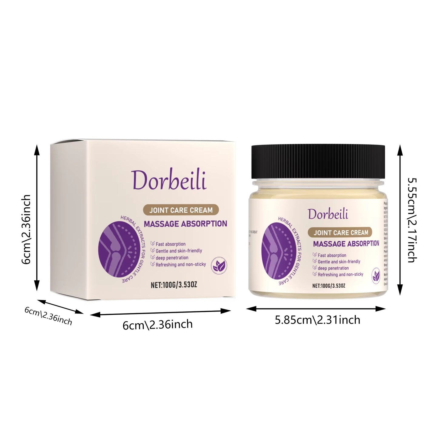 joint care cream jar and matching outer packaging box with detailed size dimension markings
