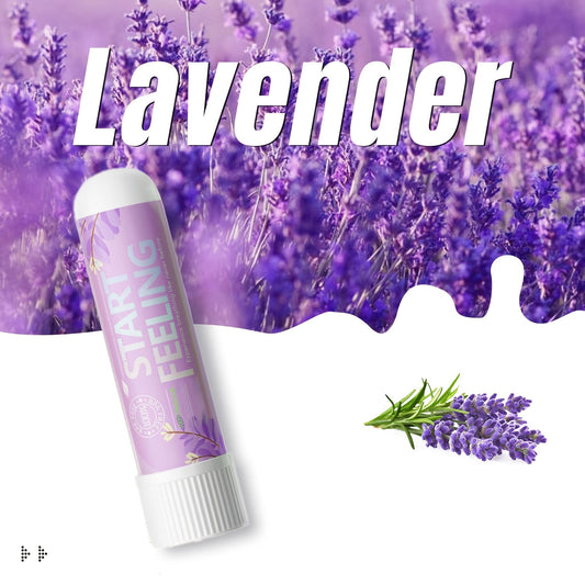 Lavender scented nasal inhaler placed amid natural lavender blooms