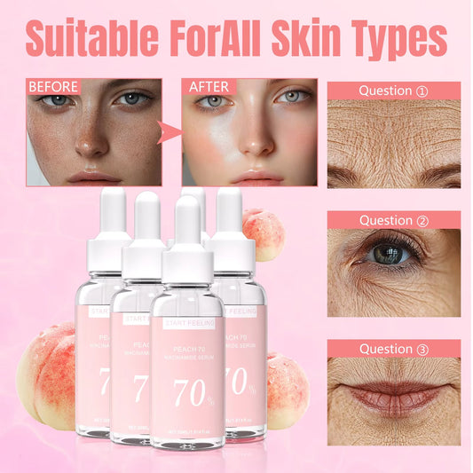 Peach niacinamide serum before after effect for dull textured skin, suitable for all skin types