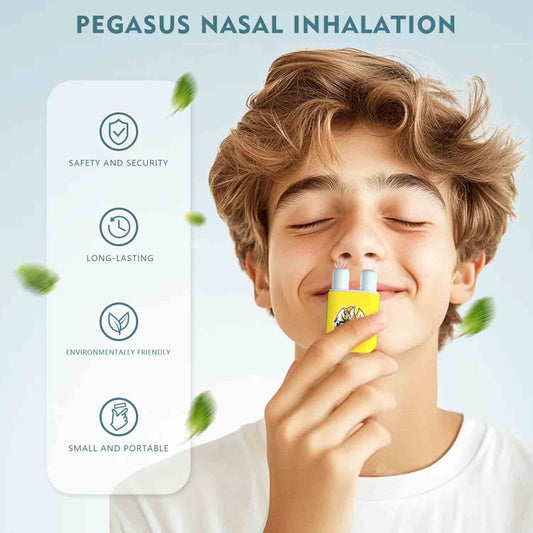 Young man using dual nozzle inhaler with safety long-lasting eco-friendly and portable advantages listed