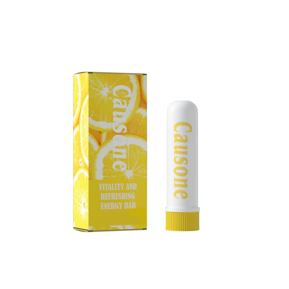 Lemon flavor refreshing nasal inhaler together with matching citrus printed product box