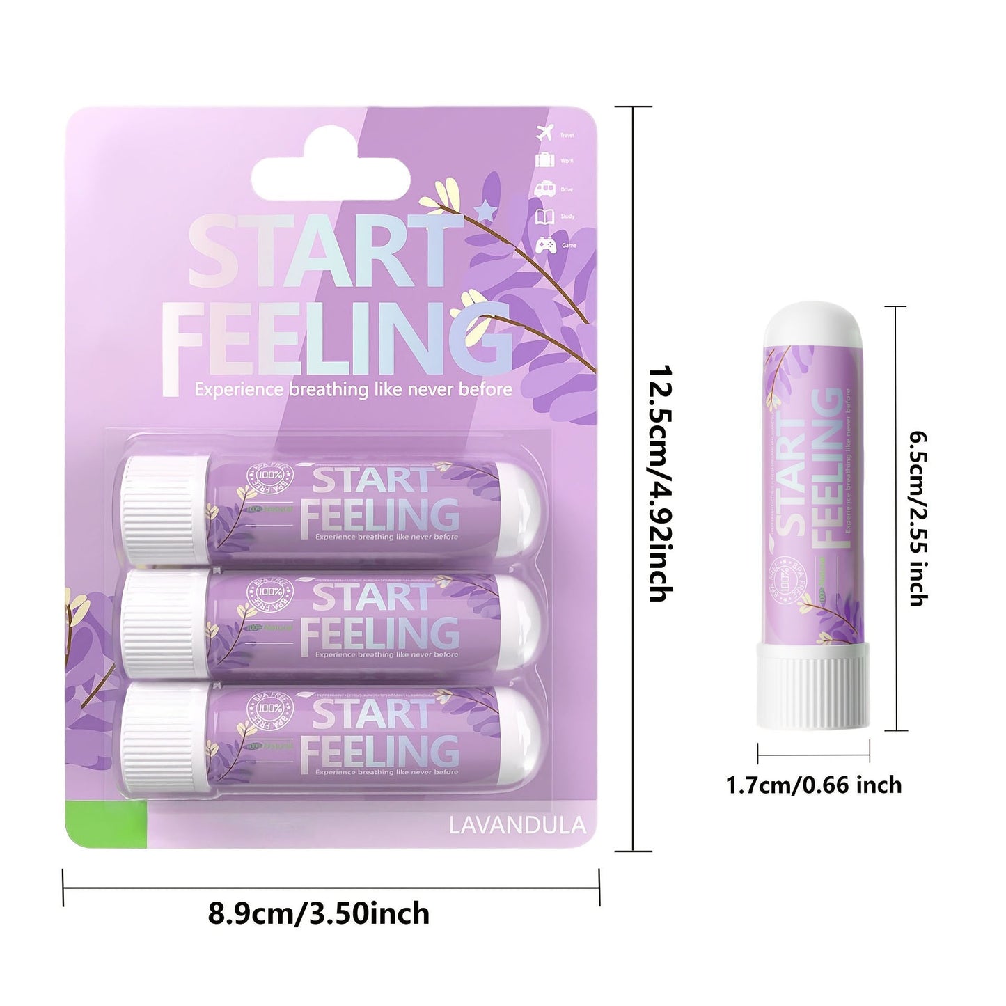Three unit retail blister pack and single inhaler with full size measurements marked