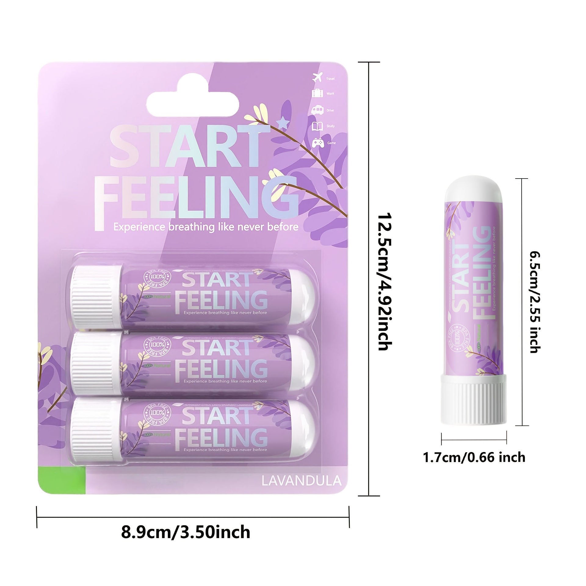 Three unit retail blister pack and single inhaler with full size measurements marked