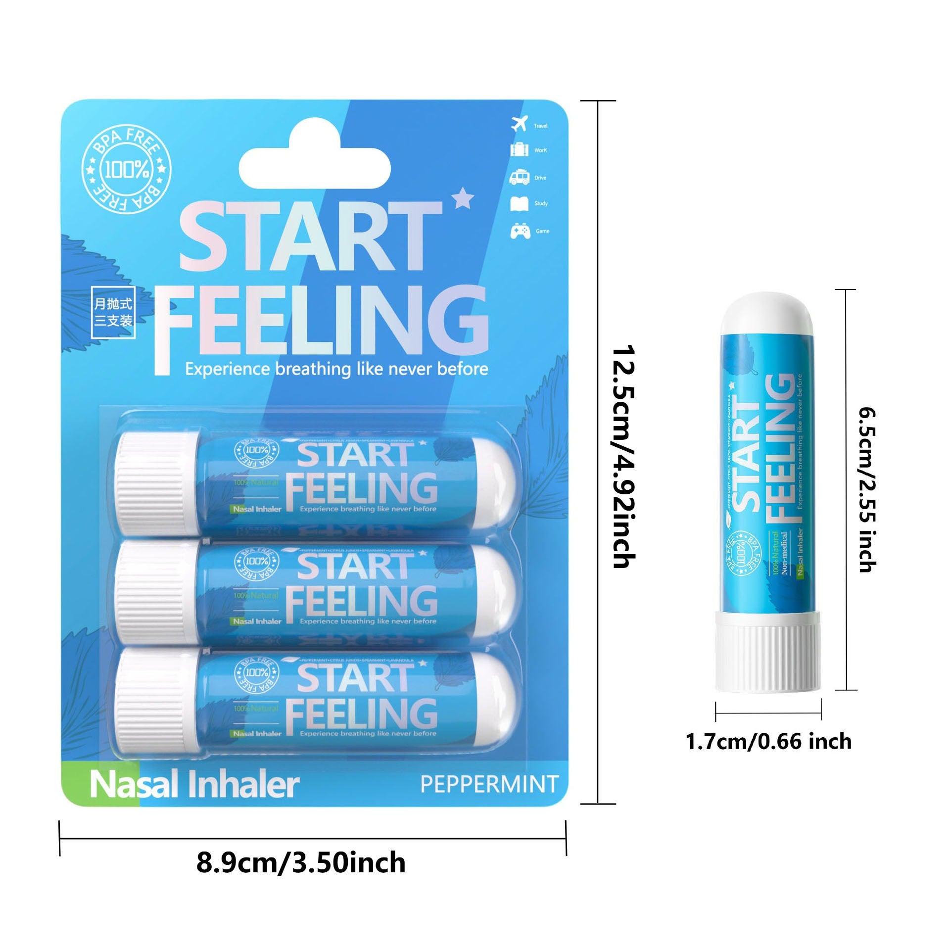 Three unit blister package and single inhaler marked with complete size measurements