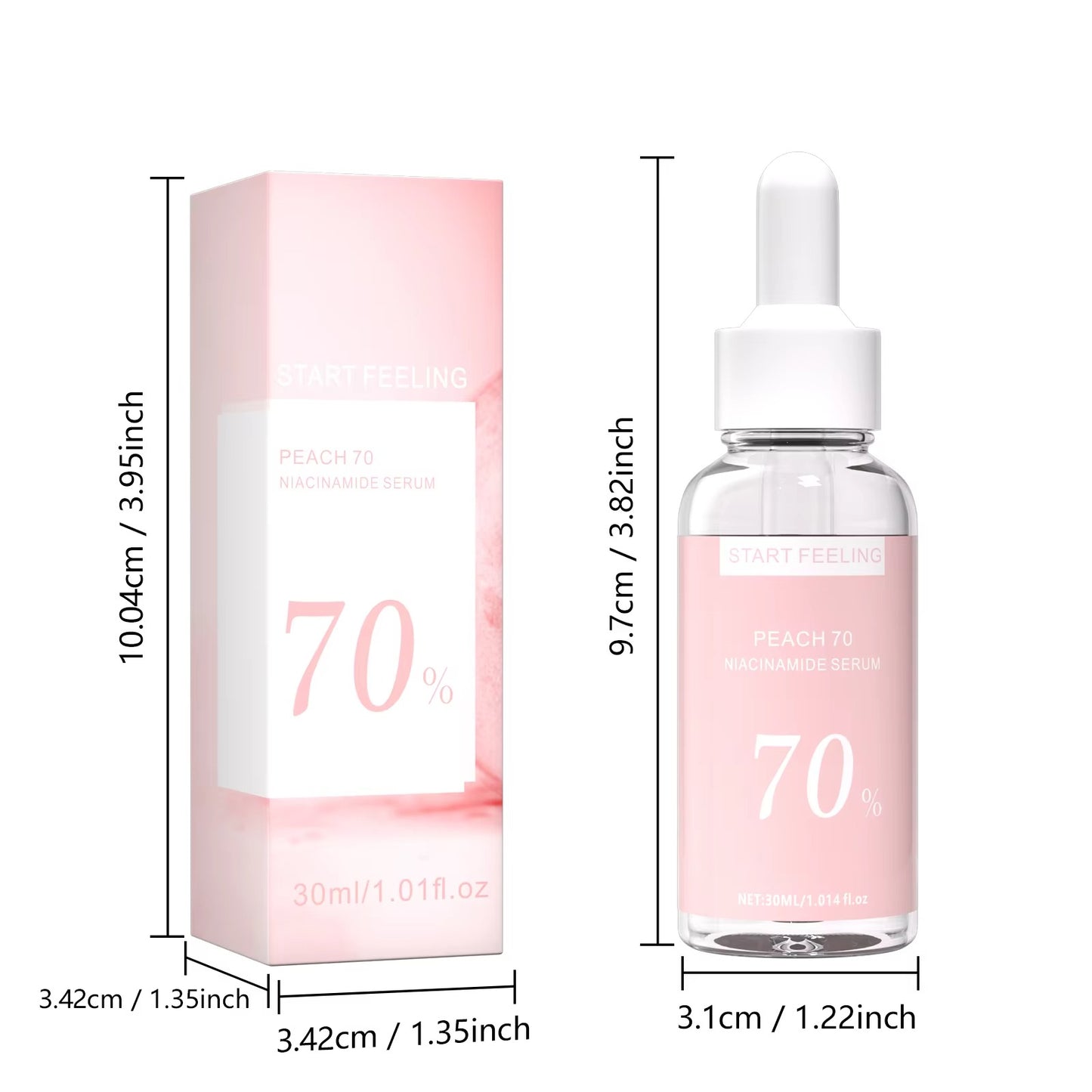 30ml peach niacinamide serum dropper bottle and packaging size chart on white background