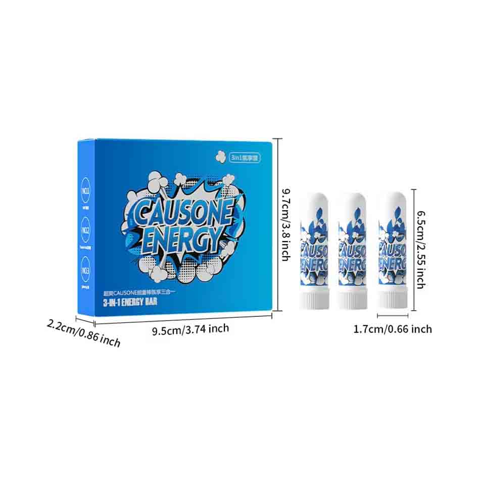 Blue product box and three nasal inhaler sticks with complete size dimension labels displayed