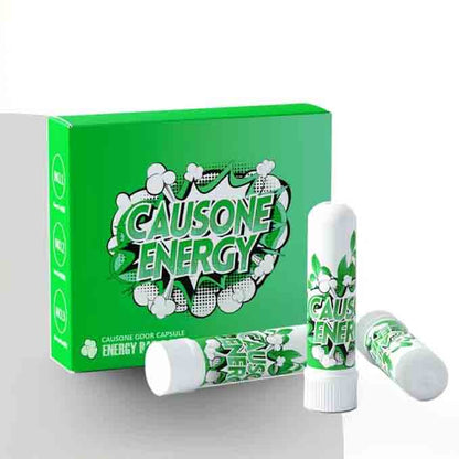 Green packaging box displayed alongside three individual nasal inhaler sticks with green tea scent