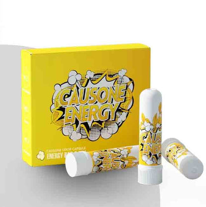 Yellow product box paired with three portable aromatherapy nasal inhaler sticks of orange flavor
