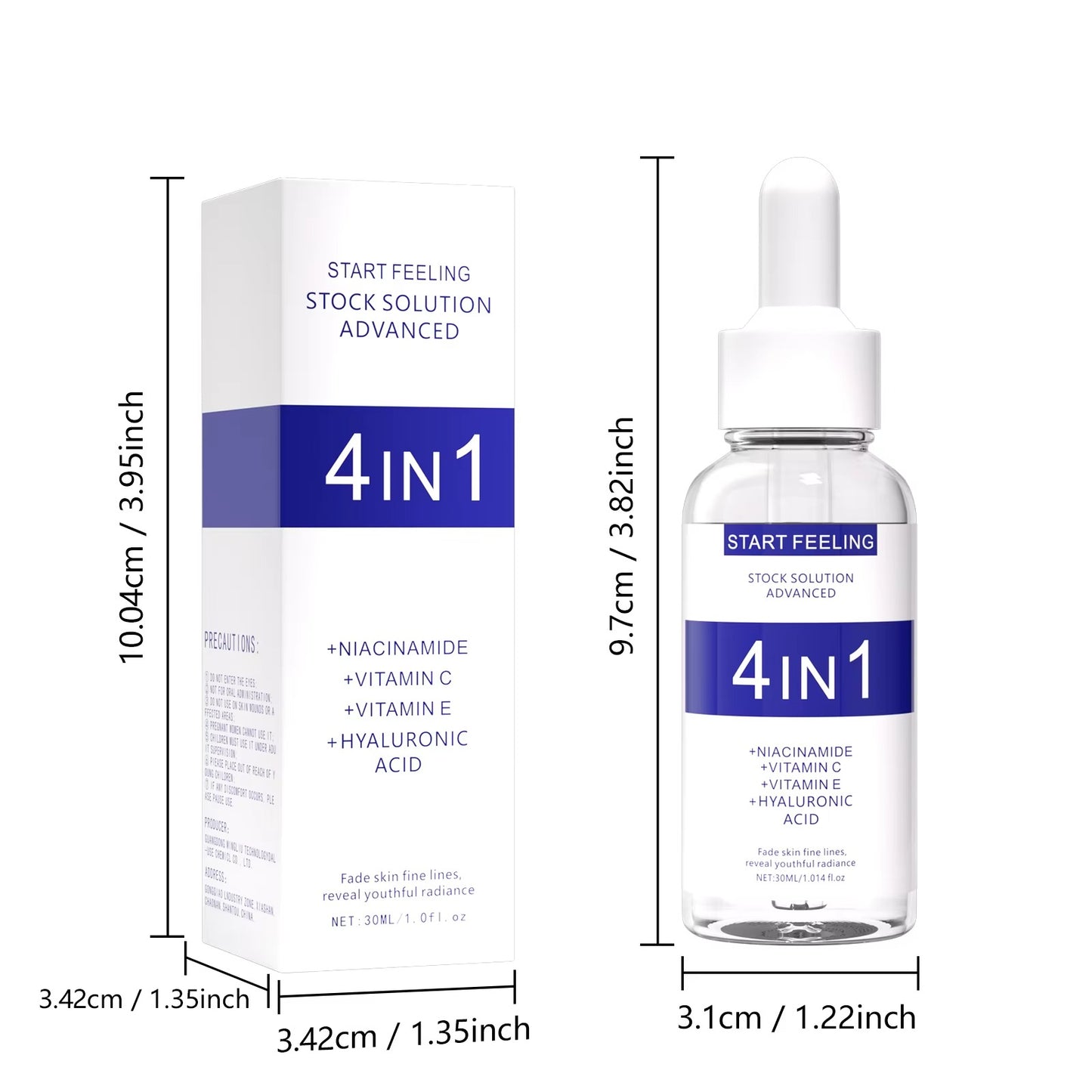 30ml multi-effect face serum dropper bottle and matching packaging size chart