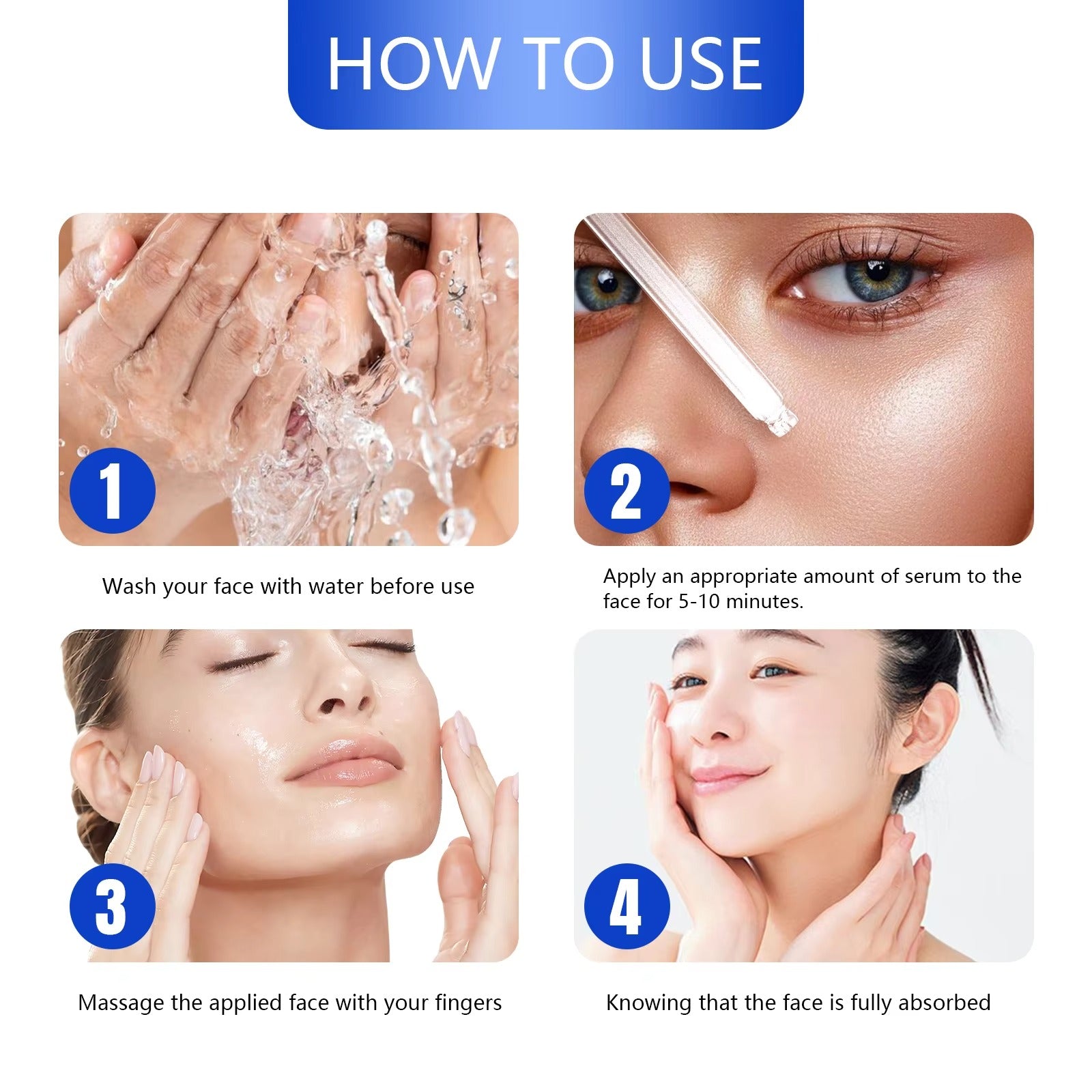 Four steps tutorial for daily use of multi ingredient hydrating facial serum