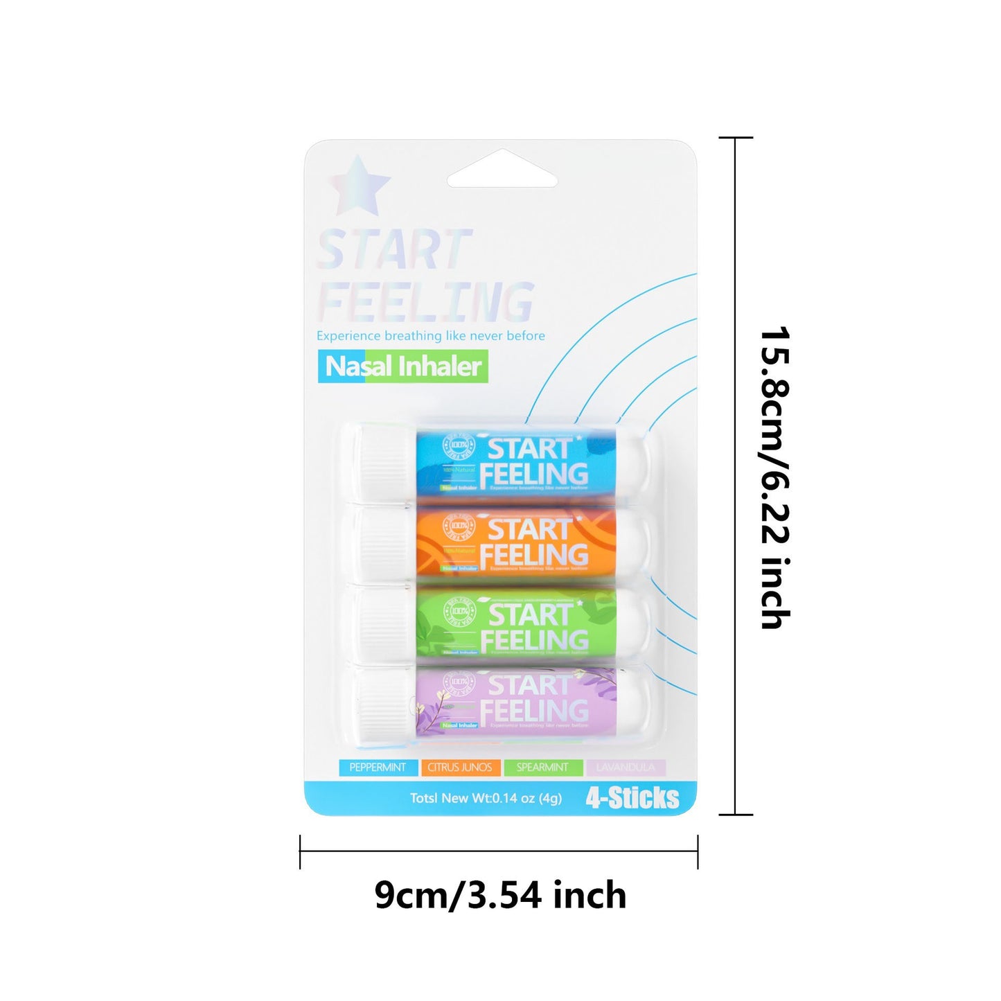 Four assorted scent nasal inhalers retail blister pack with complete size markings