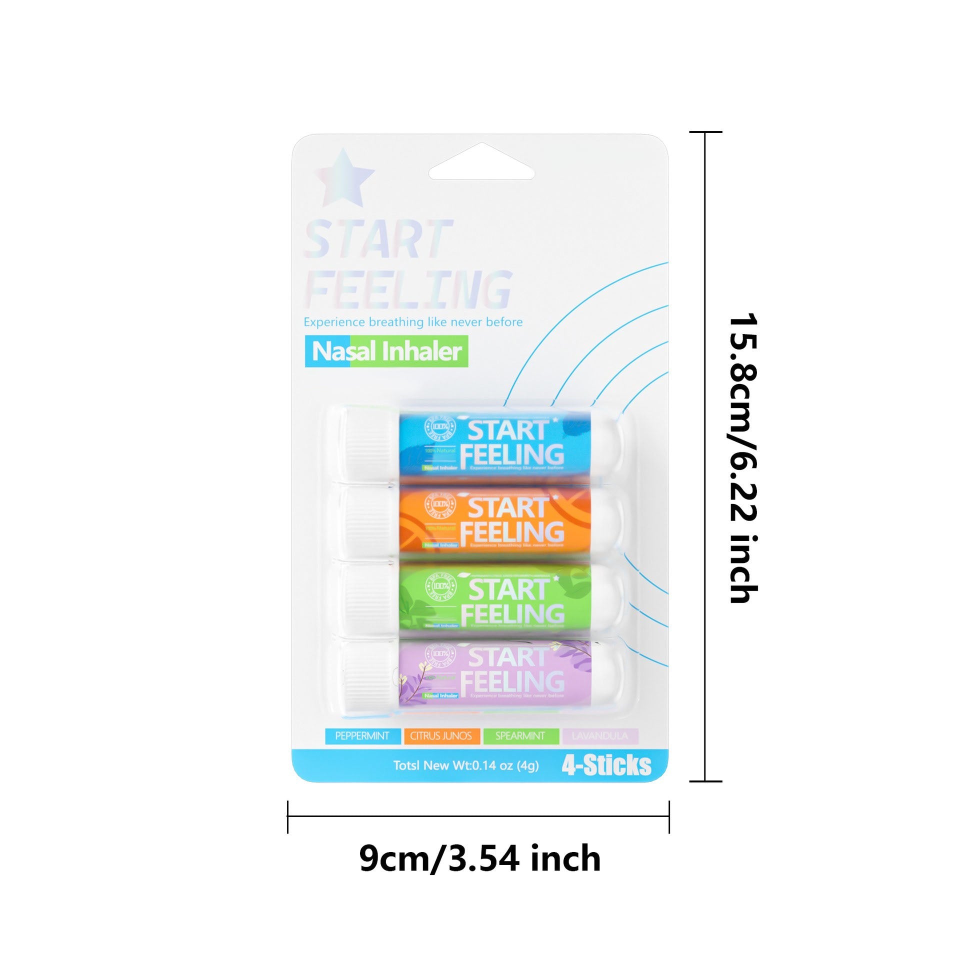 Four assorted scent nasal inhalers retail blister pack with complete size markings