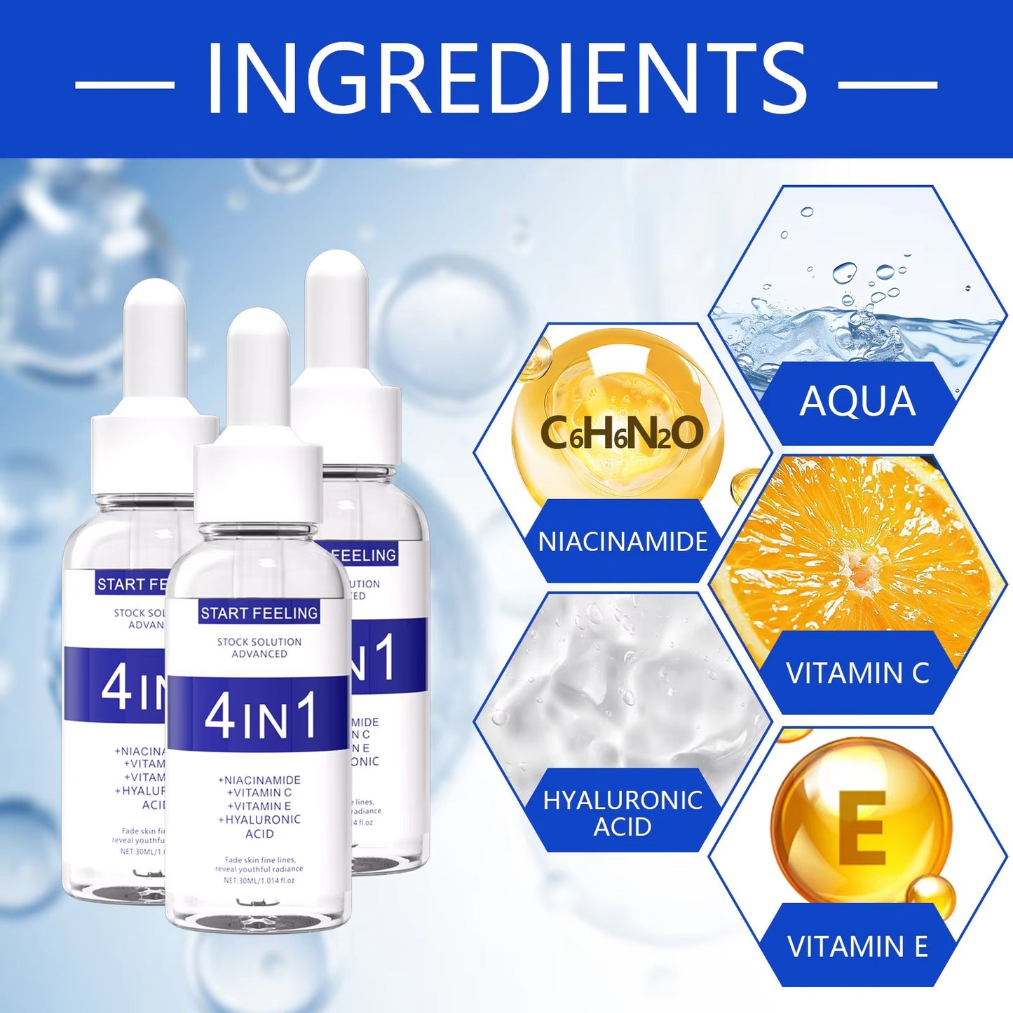 Main ingredients chart for 4 in 1 face serum: niacinamide, vitamin C, vitamin E, hyaluronic acid