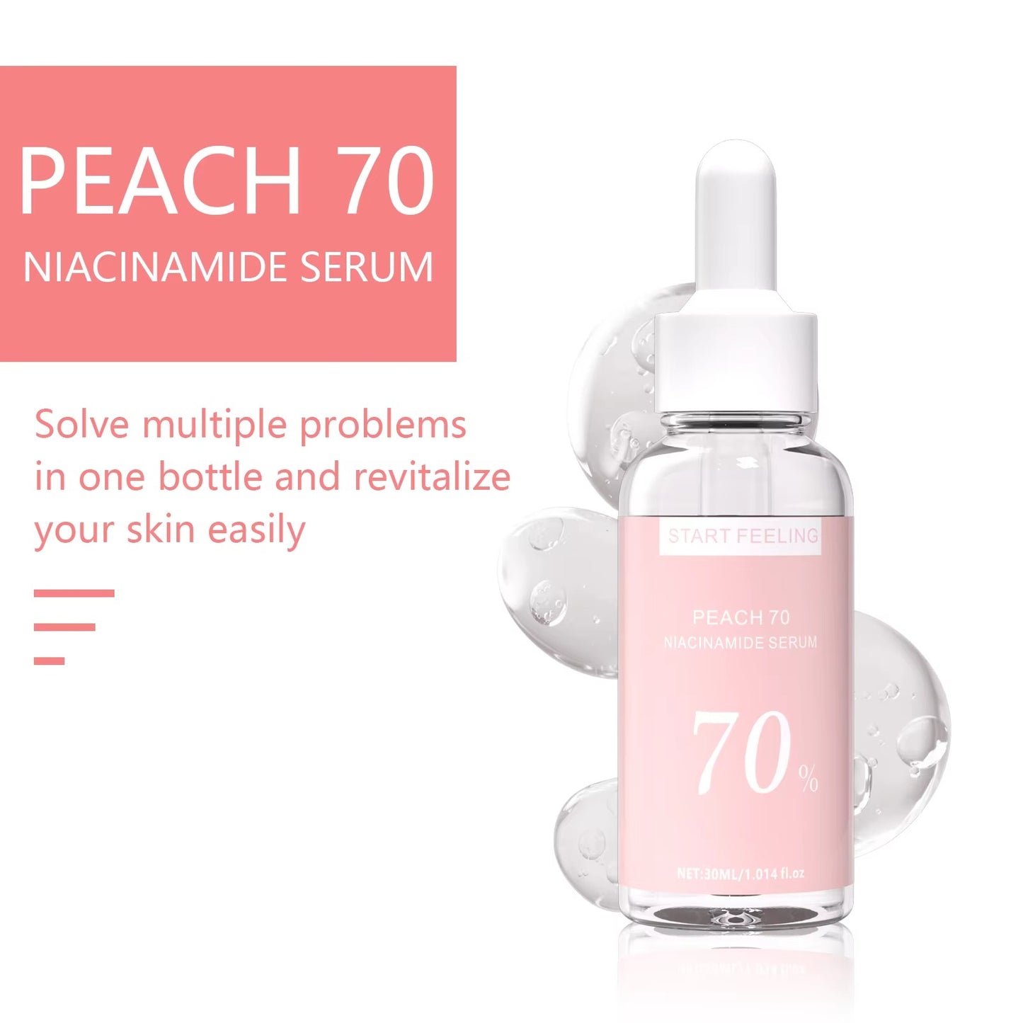 70% peach niacinamide facial serum, multi-effect revitalizing skincare essence bottle display