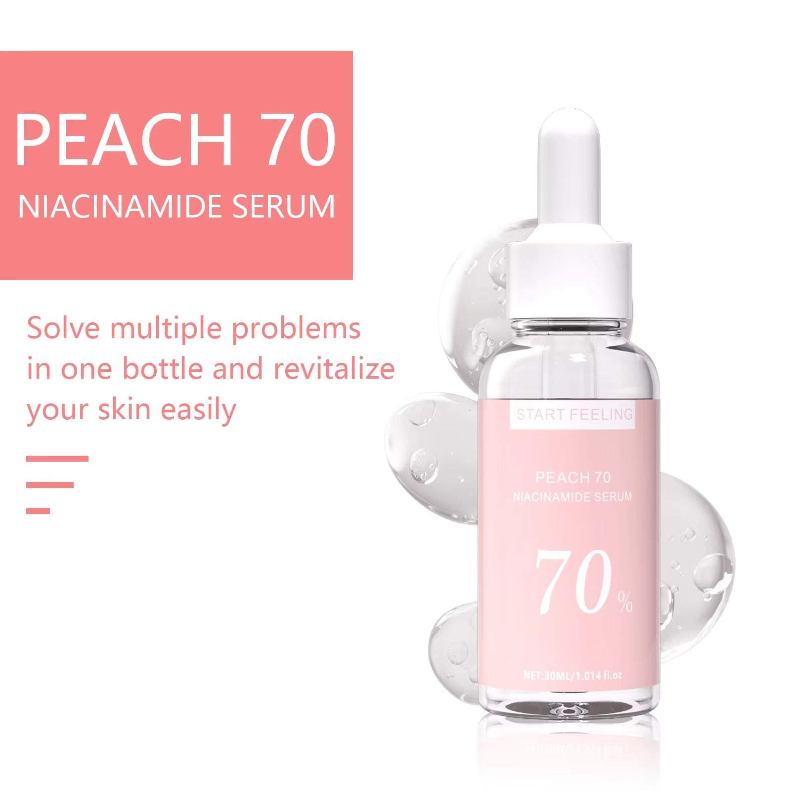 70% peach niacinamide facial serum, multi-effect revitalizing skincare essence bottle display