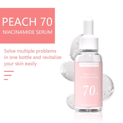 70% peach niacinamide facial serum, multi-effect revitalizing skincare essence bottle display
