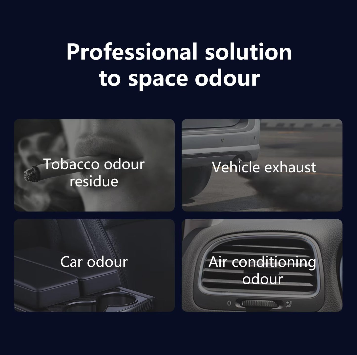 Solid freshener removes smoke, exhaust, car and AC bad odors graphic