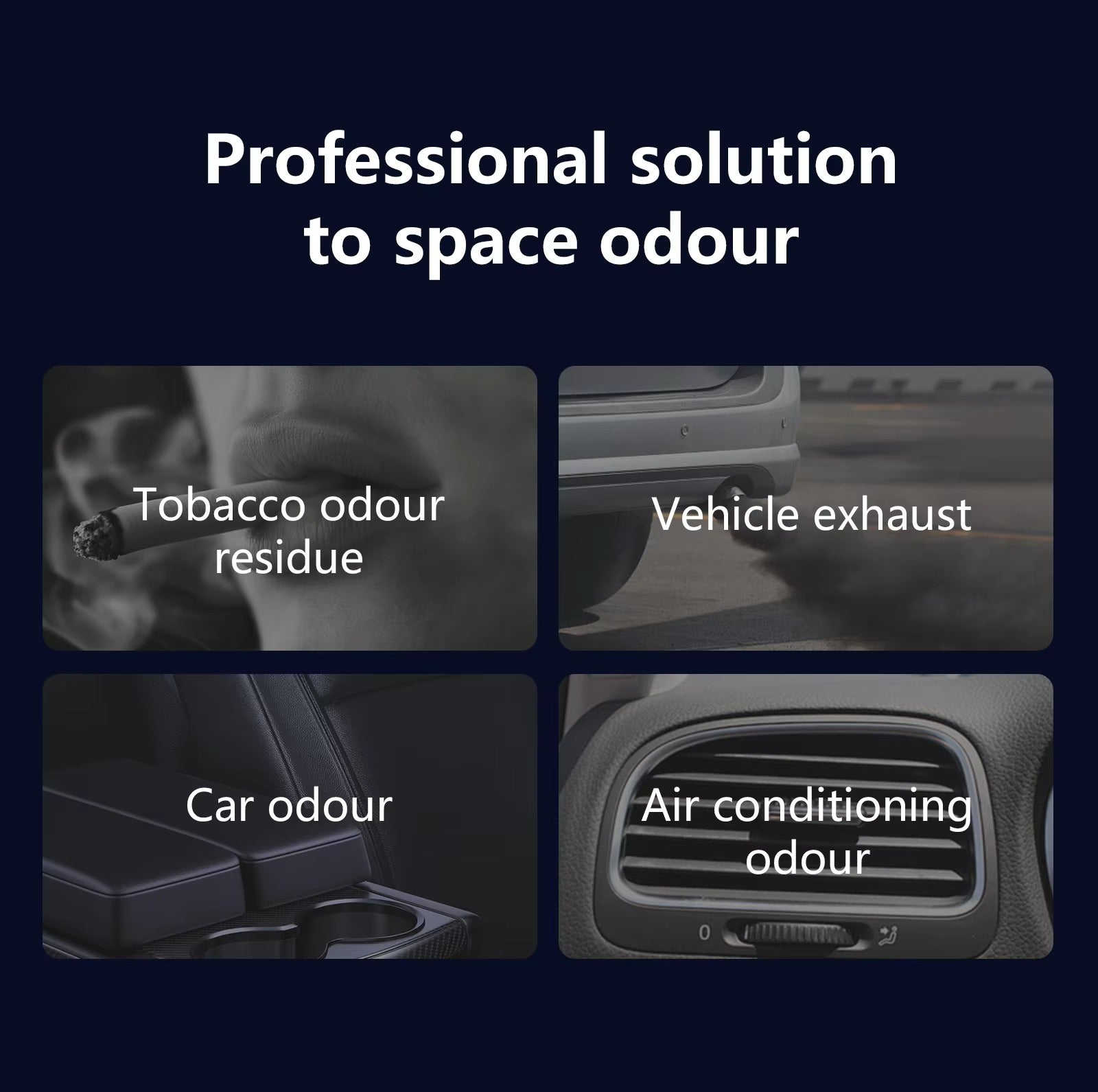 Solid freshener removes smoke, exhaust, car and AC bad odors graphic