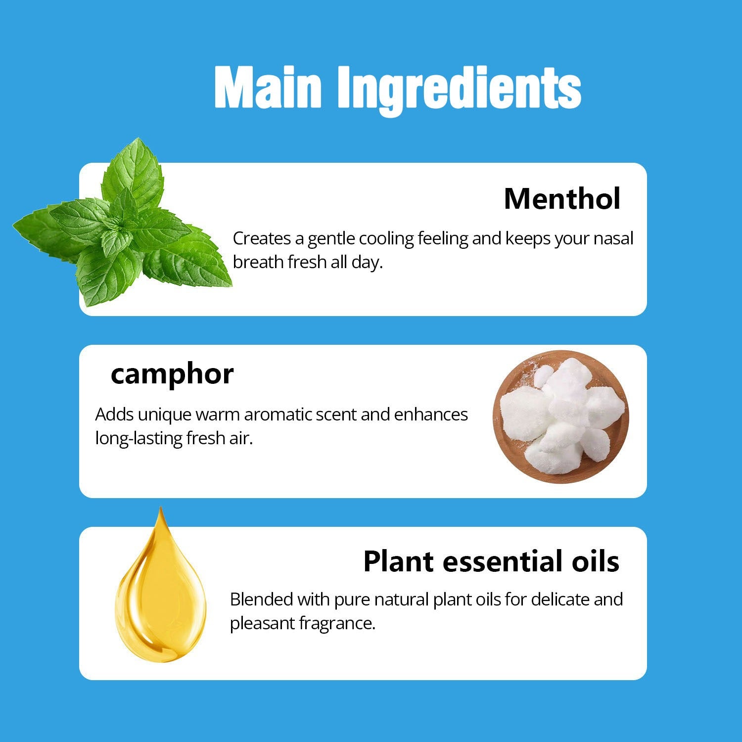 Main natural ingredients menthol, camphor and plant essential oils listed clearly