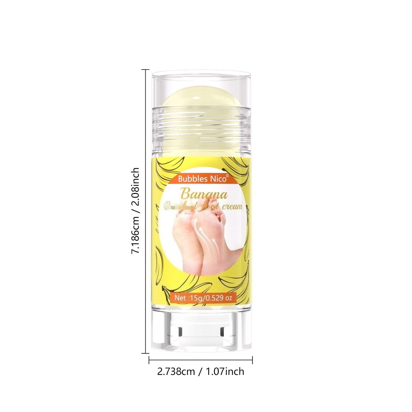 Portable foot care stick marked with complete height and diameter dimensions