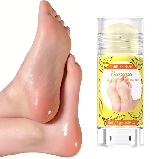 Banana moisturizing foot balm stick displayed beside smooth treated feet