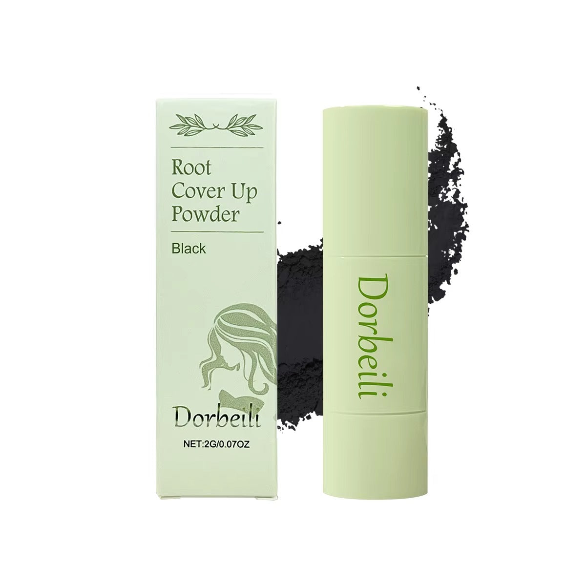 Black hair root cover up powder packaging product photo white background