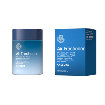 Blue solid air freshener jar and matching outer box on plain white background