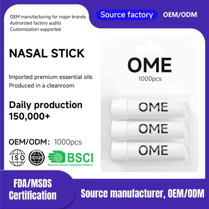 Three single hole nasal sticks in hang blister pack showing factory bulk OEM customization support