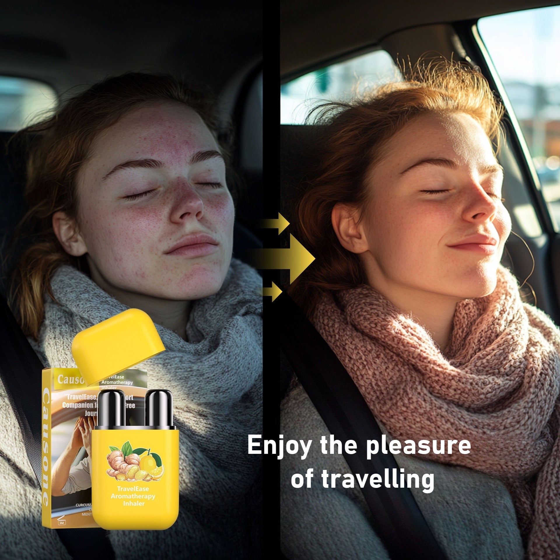 Side-by-side comparison shows improved travel comfort after using the aromatherapy inhaler