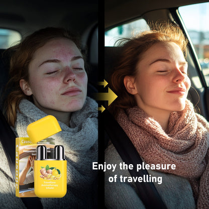 Side-by-side comparison shows improved travel comfort after using the aromatherapy inhaler