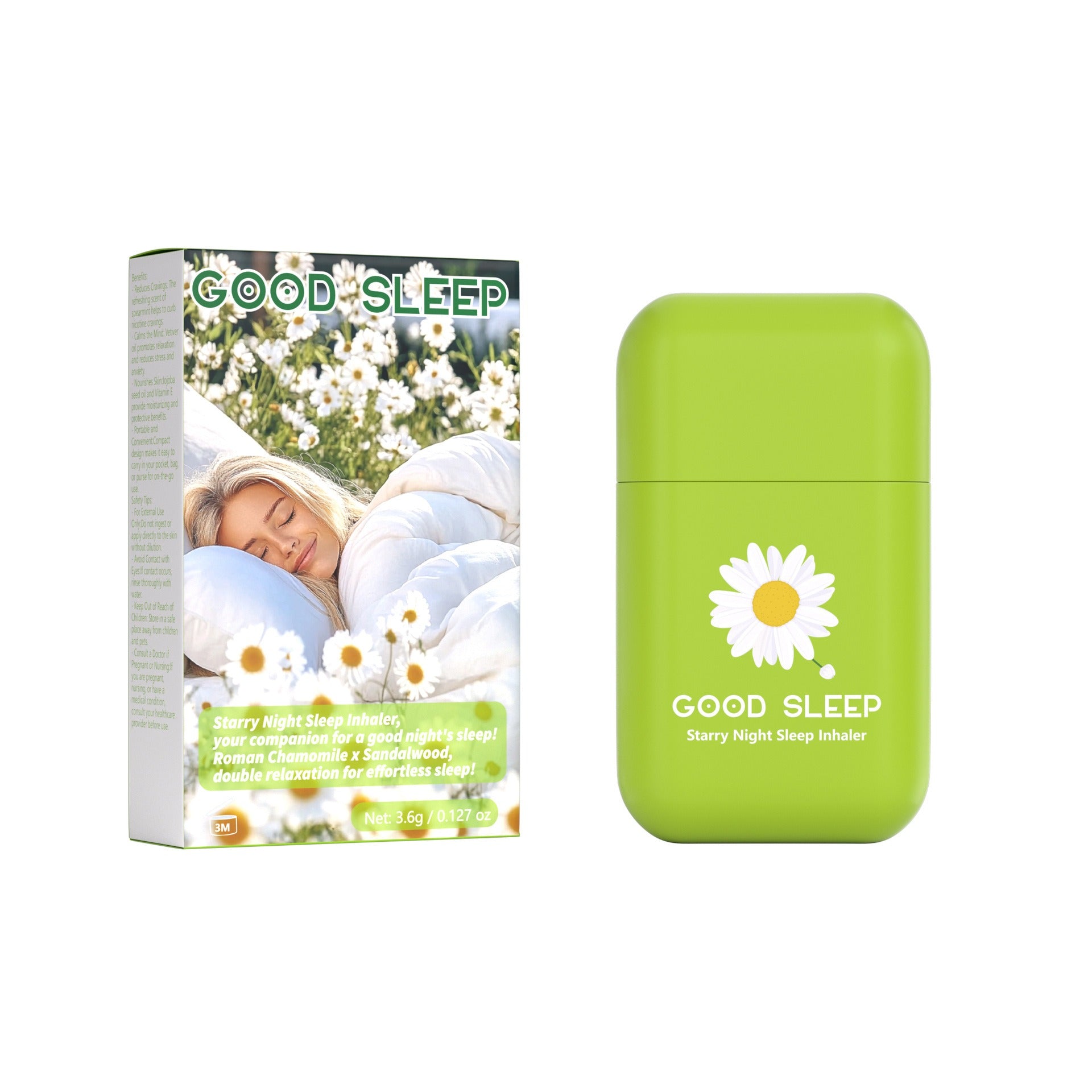 Chamomile sleep aid nasal inhaler and matched outer packaging box displayed side by side