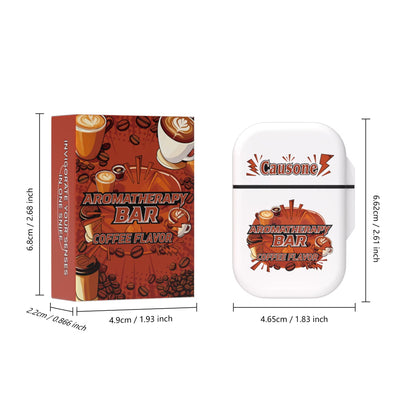 Coffee scent dual nasal inhaler stick case and packaging dimension chart on white background