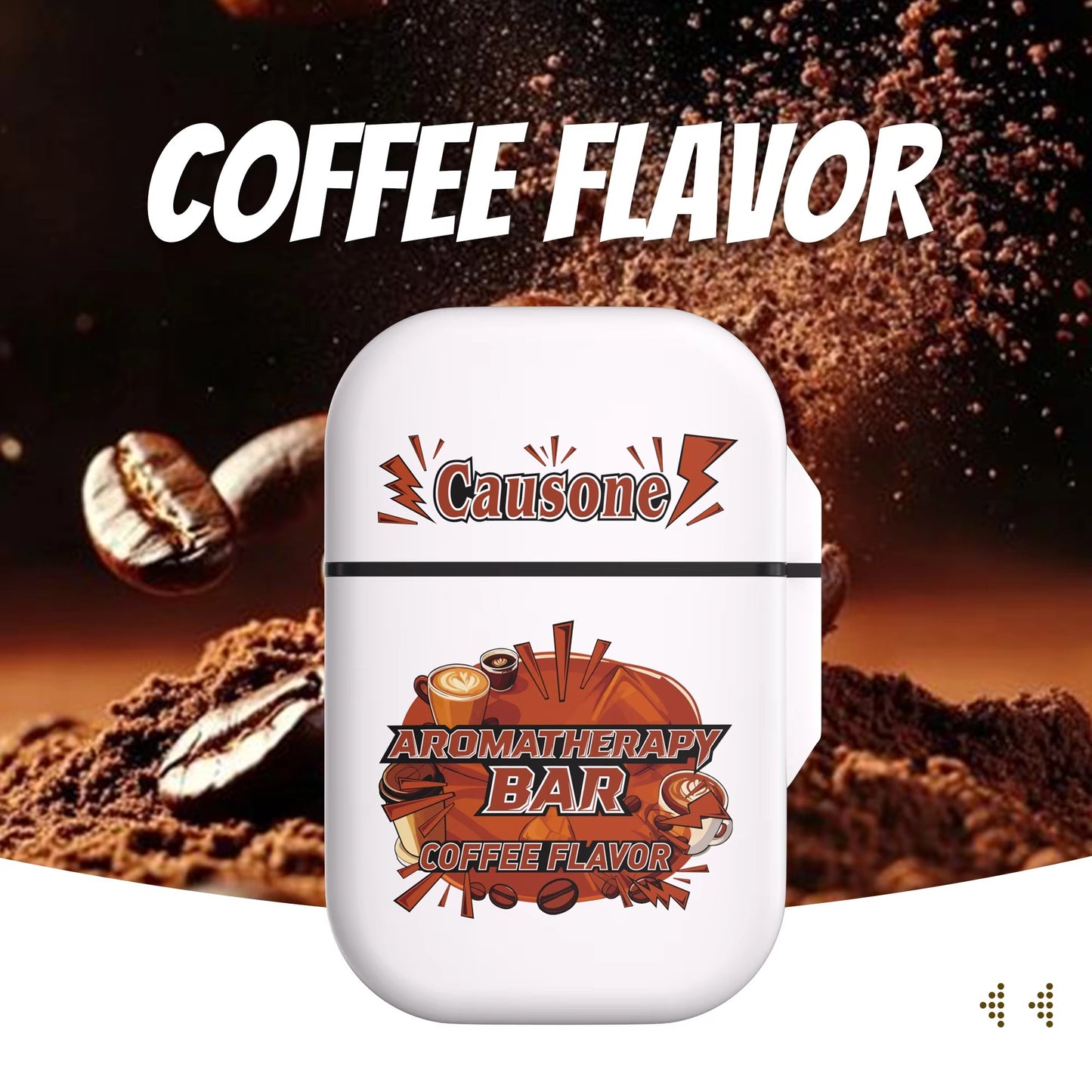 Coffee scent aromatherapy nasal inhaler case set against coffee beans and powder backdrop