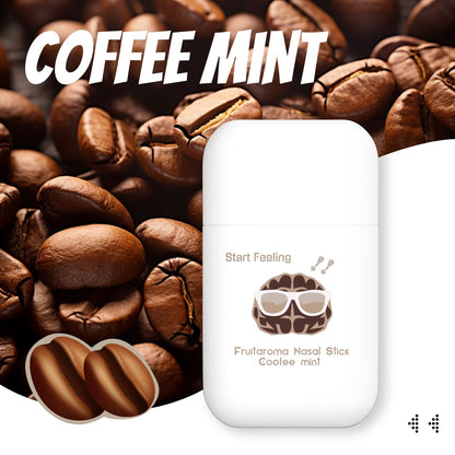 Portable dual hole nasal stick with coffee mint aroma displayed among roasted coffee beans
