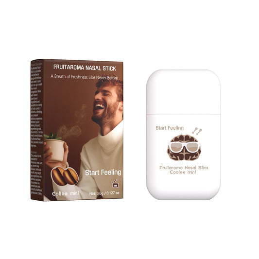 Coffee mint dual-hole aromatherapy nasal inhaler and outer package box displayed on plain white background
