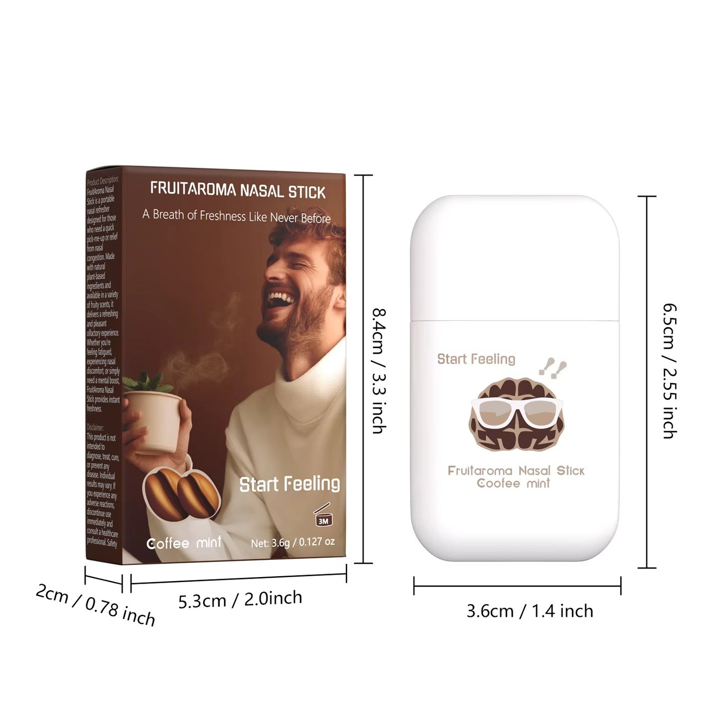 Coffee mint nasal inhaler and outer paper box marked with accurate length and width measurements