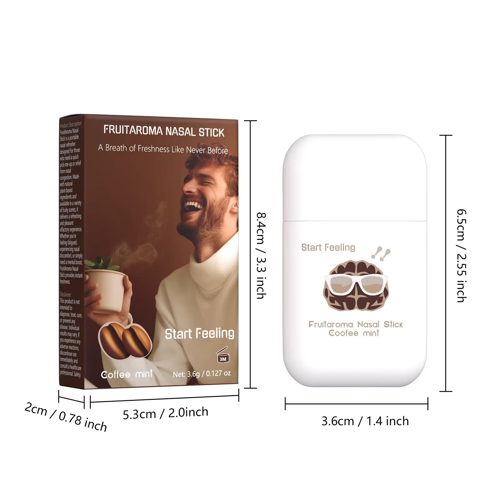 Coffee mint nasal inhaler and outer paper box marked with accurate length and width measurements