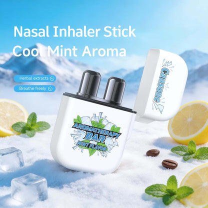 Dual nasal inhaler stick mint aroma with lemon ice and mint on snow mountain background