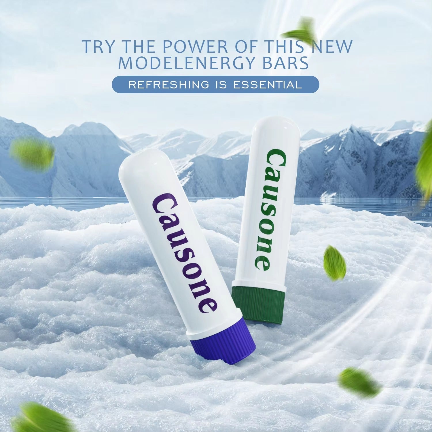 Two portable inhaler sticks placed on snow background to highlight cool refreshing sensation