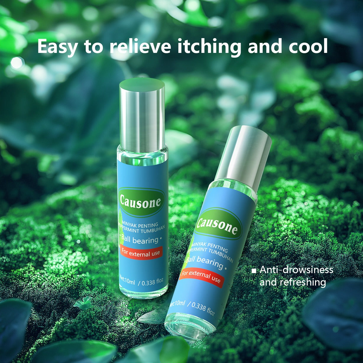 Two peppermint roll-on oil bottles showcase cooling and anti-sleepiness effects