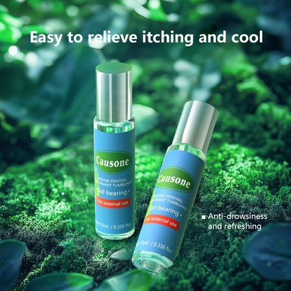 Two peppermint roll-on oil bottles showcase cooling and anti-sleepiness effects
