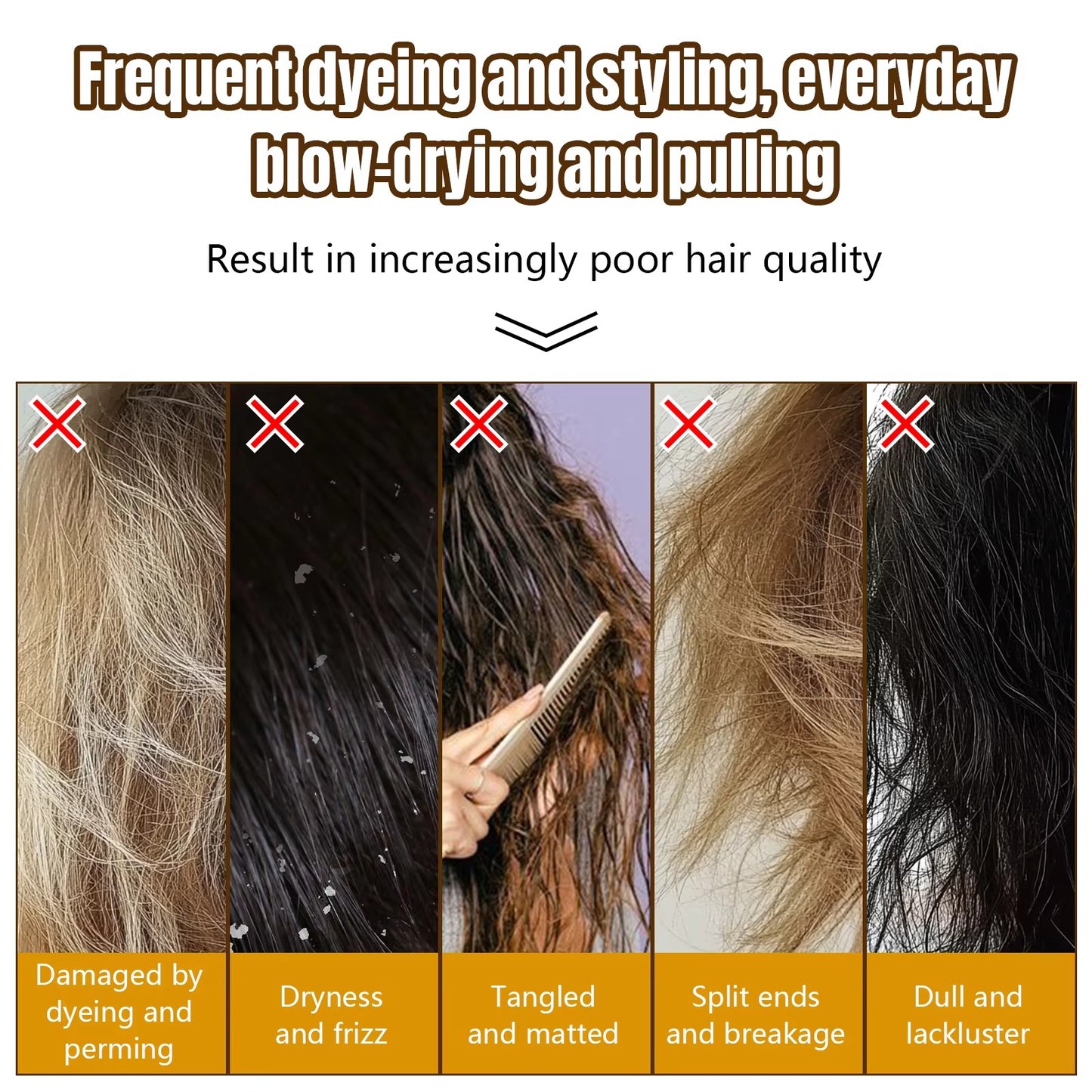 Chart of damaged hair conditions caused by frequent heat and chemical styling