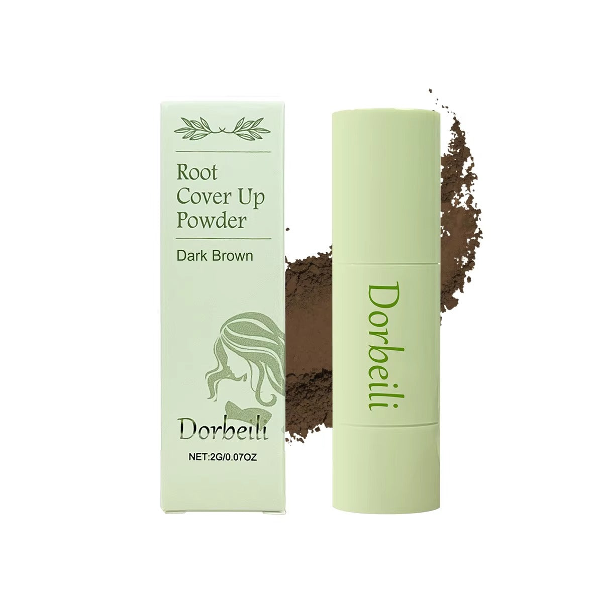 Dark brown root concealing powder full packaging set on plain white background