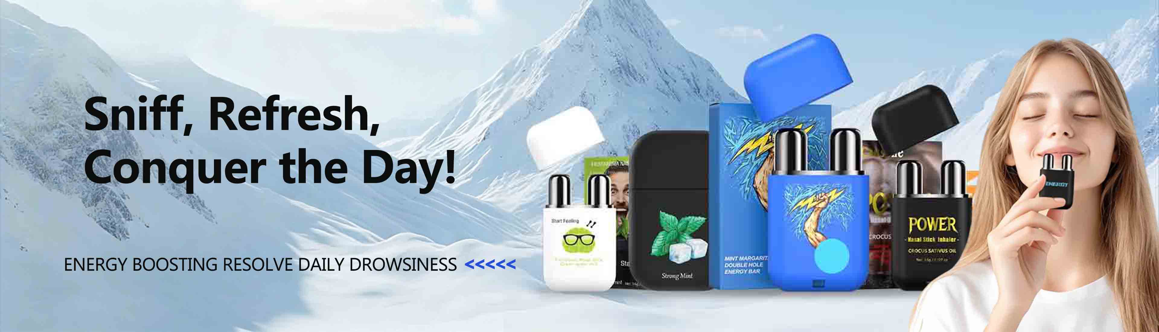 Young woman using portable double hole nasal inhaler beside multi-color inhaler products, snowy mountain backdrop for energy boost and fatigue relief