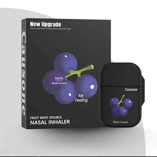Black currant flavored portable nasal inhaler and complete packaging kit