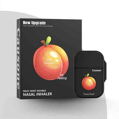 Honey peach aroma dual nozzle inhaler displayed beside printed packaging box